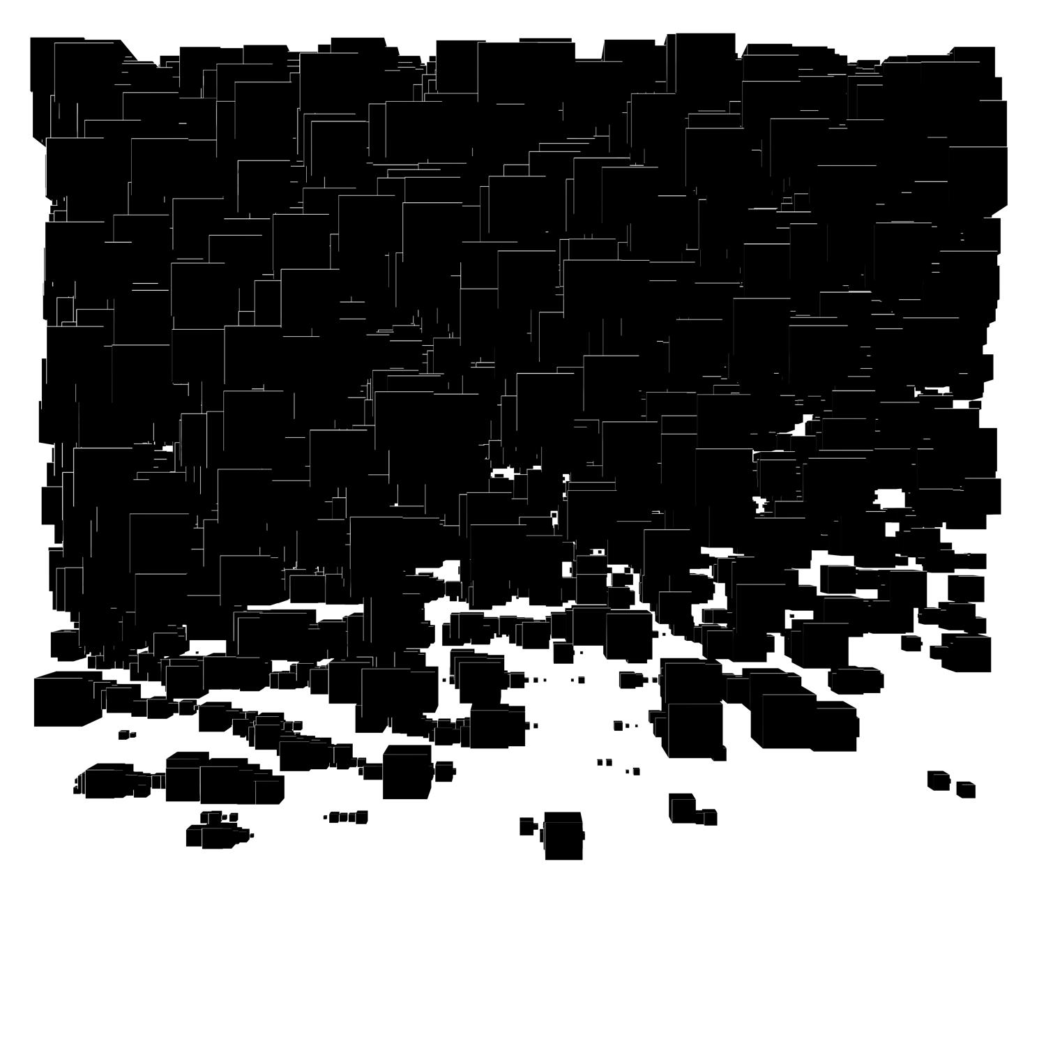 An 3D abstract rendering of black squares on a white background in a random pattern