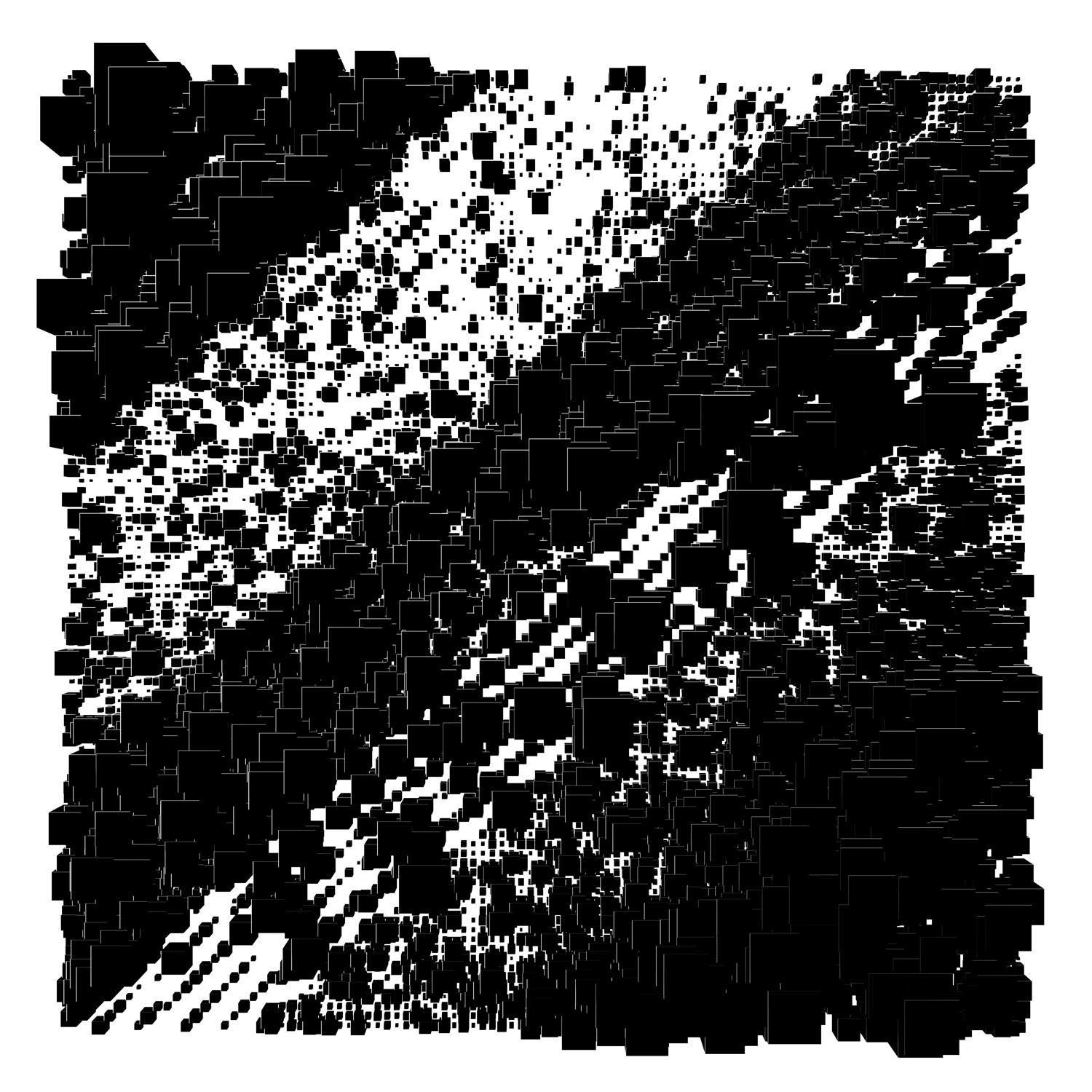An 3D abstract rendering of black squares on a white background in a random pattern